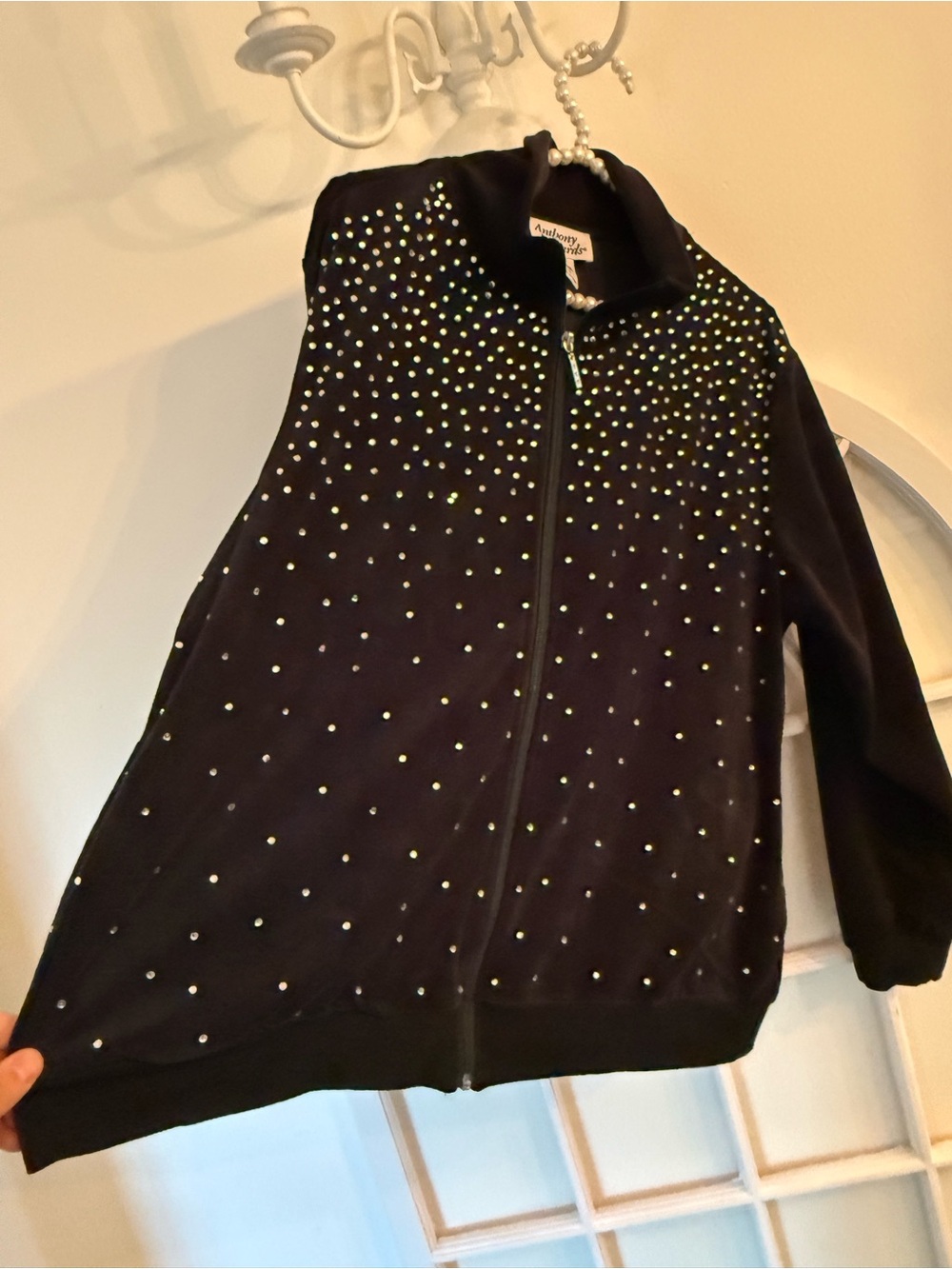 Anthony Richards Black Rhinestone Studded Velour Full Zip Track Jacket Large
